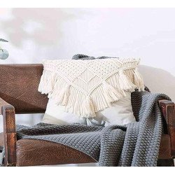 Macrame Square Throw Pillow Covers (Set of 2) – Handmade Boho Cushion Covers with Tassels | Decorative Cotton Pillow Cases for Sofa, Bed, Living Room & Cozy Décor