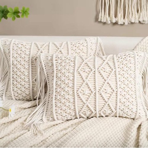 Macrame Throw Pillow Covers – Handmade Boho Cushion Covers with Tassels | Decorative Cotton Pillow Cases for Sofa, Bedroom, Living Room & Cozy Décor (Set of 2)