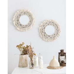 Macrame Wall Mirrors (Set of 2) – Handmade Round Boho Mirror with Fringes | Decorative Hanging Mirror for Bedroom, Living Room, Entryway & Vanity (12” Diameter)