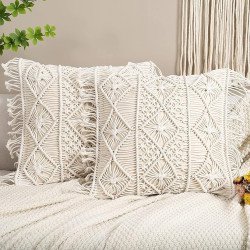 Macrame Square Throw Pillow Covers (Set of 2) – Handmade Boho Cushion Covers with Tassels | Decorative Cotton Pillow Cases for Sofa, Bed, Living Room & Cozy Décor