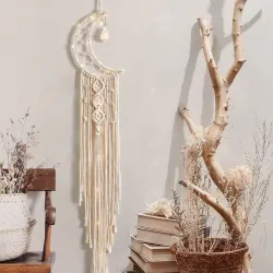 Macramé Crescent Moon Wall Hanging with LED Fairy Lights – Handmade Boho Dreamcatcher Tapestry for Bedroom, Living Room, Nursery & Gift Décor