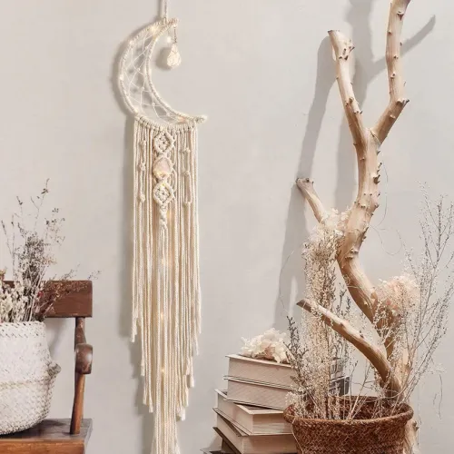 Macramé Crescent Moon Wall Hanging with LED Fairy Lights – Handmade Boho Dreamcatcher Tapestry for Bedroom, Living Room, Nursery & Gift Décor