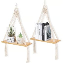 Macrame Hanging Shelf – Handmade Boho Wall Shelf with Wooden Plank for Plants, Décor, and Storage | Cotton Rope Floating Shelf for Bedroom, Living Room & Office