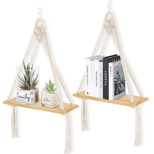 Macrame Hanging Shelf – Handmade Boho Wall Shelf with Wooden Plank for Plants, Décor, and Storage | Cotton Rope Floating Shelf for Bedroom, Living Room & Office